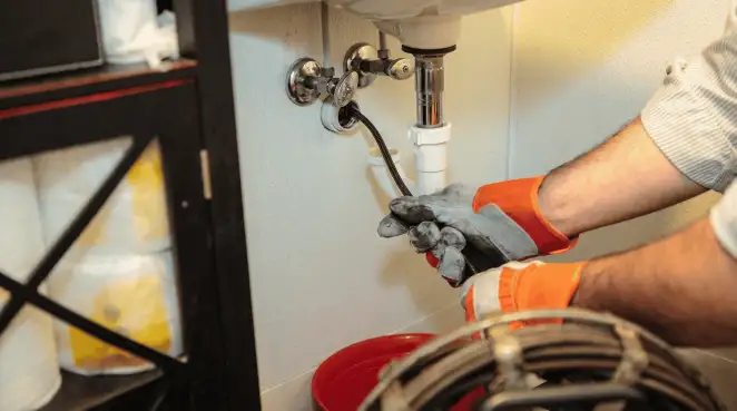 Drain cleaning technician using a motorized plumbing snake to clear a clogged sink pipe in Tucson, AZ